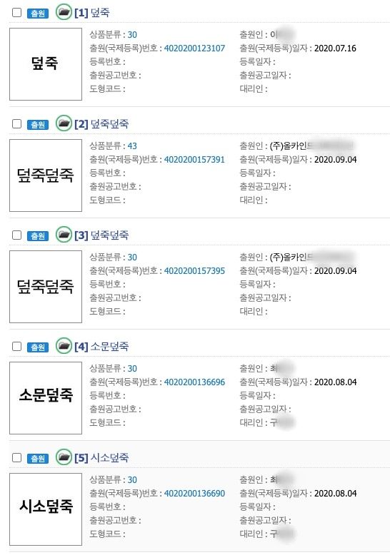 논란이 된 업체보다 먼저 '덮죽'에 관한 상표를 출원한 사람이 있었다. /특허정보검색서비스
