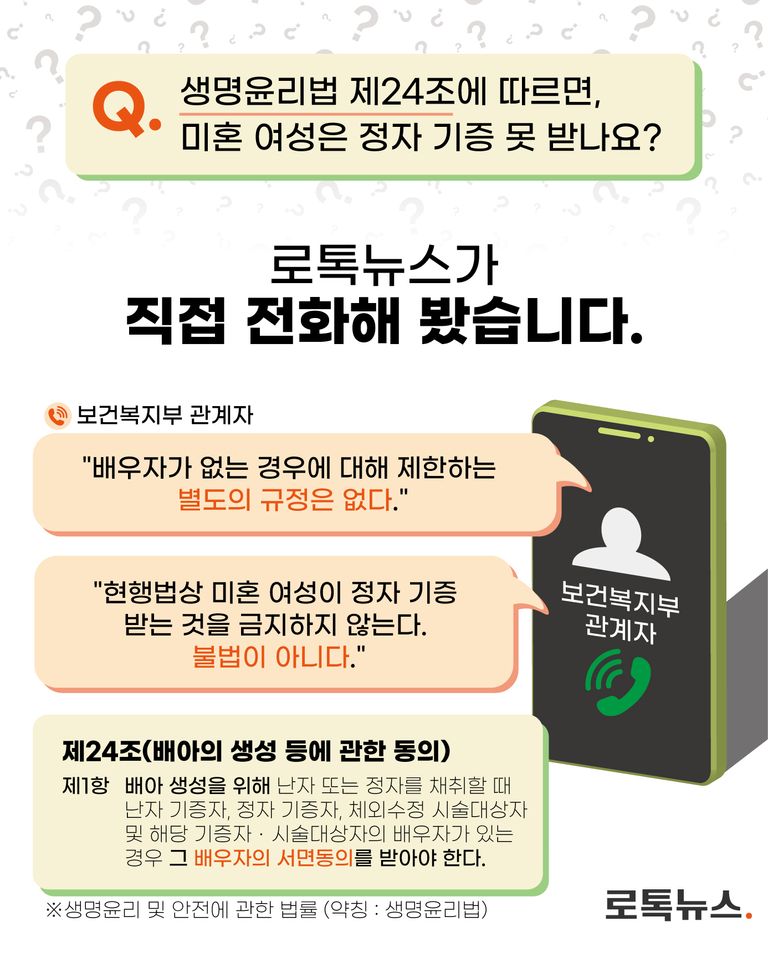 보건복지부 생명윤리정책과 관계자는 "미혼 여성의 정자 기증이 불법이라는 것은 사실이 아니다"라고 확인해줬다. /그래픽=조소혜 디자이너