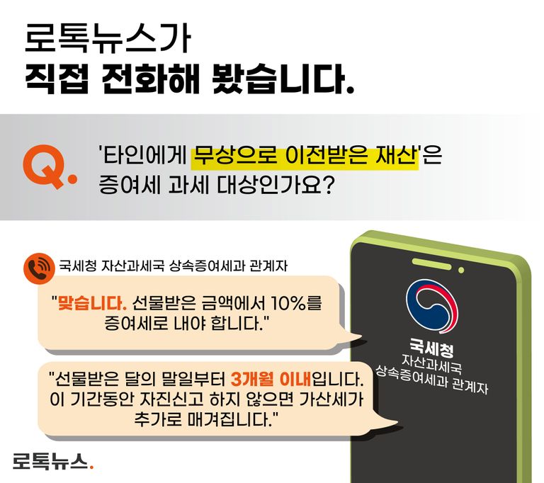 선물 받은 것도 증여세를 내야 하는지 담당하는 국세청 관계자에게 직접 전화해봤다. /국세청 홈페이지 캡처⋅편집 및 그래픽=조소혜 디자이너