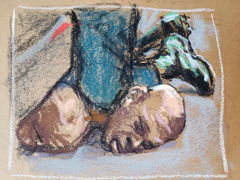 지난해 5월 흑인 조지 플로이드가 과잉 진압으로 사망한 당시를 표현한 그림. /로이터 연합뉴스