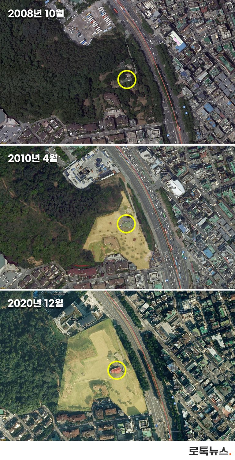 해를 거듭할수록 넓어진 정원 모습. 무허가 벌목의 결과물이었다. /카카오맵⋅편집=조소혜 디자이너