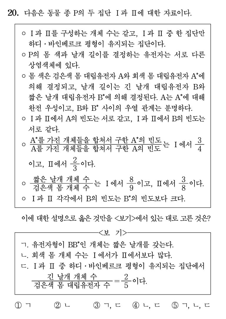 출제 오류 논란이 제기된 2022학년도 수능 생명과학Ⅱ 20번 문항. /한국교육과정평가원