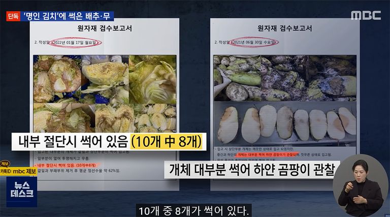 지난달 17일 작성된 해당 공장 원자재 검수 보고서. /MBC 뉴스데스크 캡처