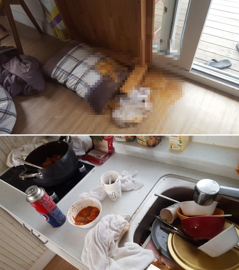 한 업주가 고객이 뒷정리를 제대로 하지 않고 간 펜션 내부 사진을 공개하며 고충을 토로했다. /온라인커뮤니티 '아프니까 사장이다' 캡처