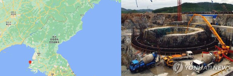 (왼쪽) 황해도 과일군이 위치한 곳을 지도에서 표시했다. (오른쪽) 지난 2002년 북한 함경남도 금호지구에서 열린 북한 경수로 원자력 발전소의 콘크리트 타설식. /구글 지도 캡처⋅연합뉴스