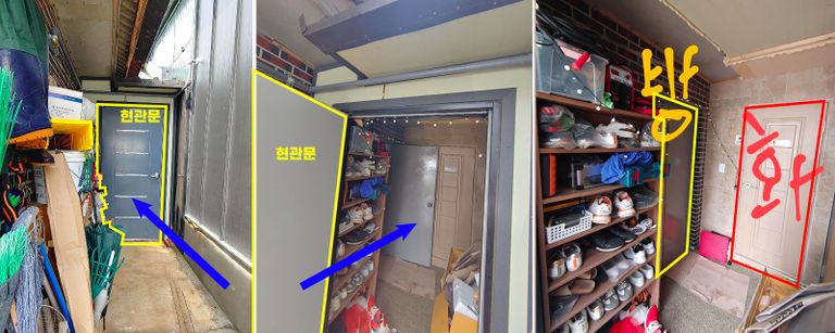 이 사건 A씨의 집 구조 사진이다. A씨의 집은 왼쪽 사진처럼 외부에 현관문이 있고 이 문을 열면 내부의 방문과 화장실 문이 드러나는 구조다. /온라인커뮤니티 보배드림 캡처·편집=조소혜 디자이너