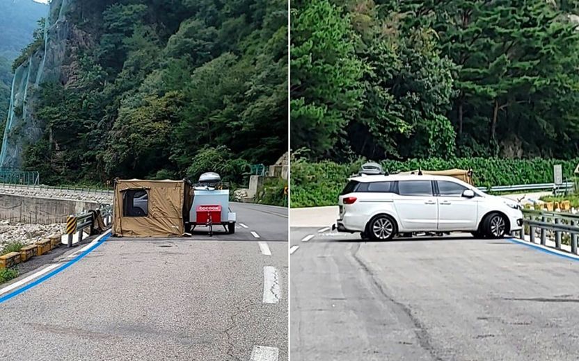커브길 도로 한쪽에 텐트 친 캠핑족…도로교통법 위반으로 처벌 될 수 있습니다 기사 관련이미지