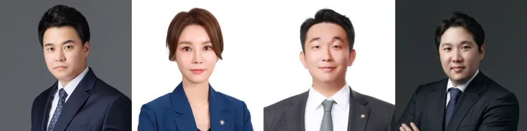 '에스제이파트너스'의 홍후혁 변호사, '태연법률사무소'의 김태연 변호사, '법률사무소 파운더스'의 하진규 변호사, '서울종합법무법인'의 서명기 변호사. / 로톡DB