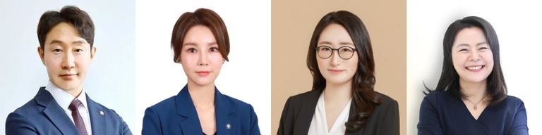 '에스제이 파트너스'의 강지웅 변호사, '태연 법률사무소'의 김태연 변호사, '변호사 노경희 법률사무소'의 김지이 변호사, '법률사무소 Y'의 연취현 변호시. /로톡DB⋅로톡뉴스DB