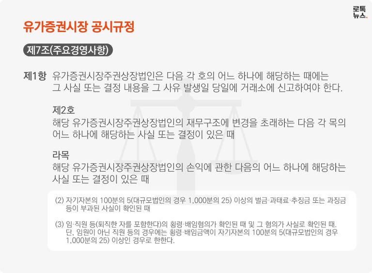 아모레퍼시픽과 LG U+, 그리고 우리은행 등은 해당 공시규정 기준에 따라 횡령이 별도로 공시되지 않았다. /한국거래소 법규서비스 내 유가증권시장 공시규정·편집=조소혜 디자이너