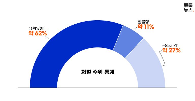 처벌은 징역형의 집행유예가 53건 중 33건(약 62%)으로 가장 많았다. /그래픽=조소혜 디자이너