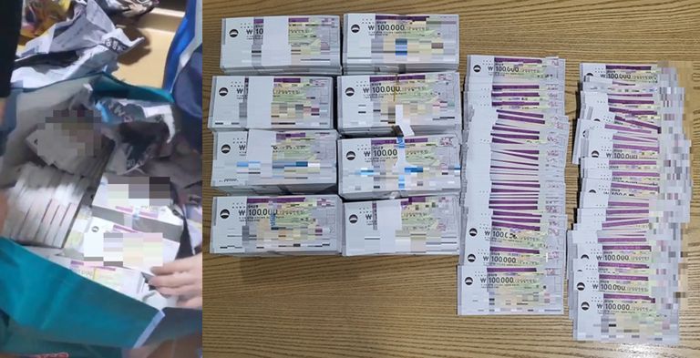 신문지 쓰레기로 위장한 수표다발과 압류한 수표 10만원권 수천장 /국세청 제공