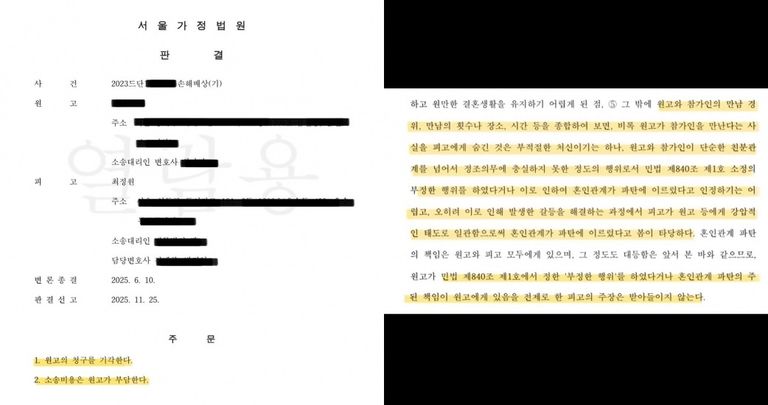 최정원이 인스타그램에 게시한 서울가정법원 판결서 모습. /최정원 인스타그램 캡처
