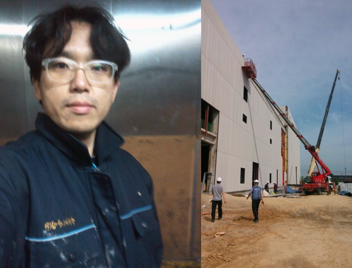 인천 남동공단에서 작업복을 입고 근무하던 이완석 변호사(왼쪽)와 그가 땀 흘려 일했던 건설 현장의 모습. /이완석 변호사