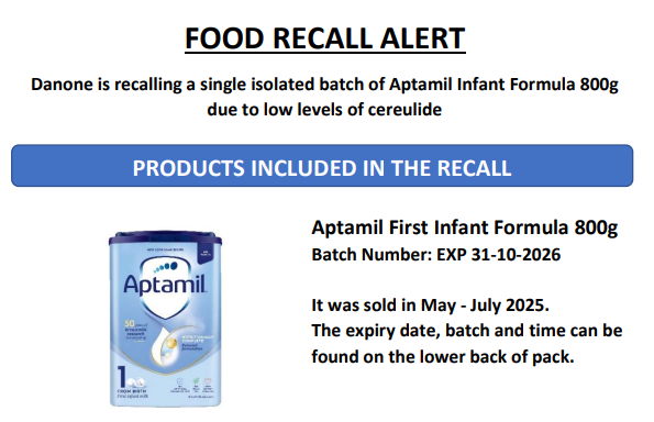 영국식품기준청(FSA)이 '압타밀' 일부 제품에 대해 리콜 조치를 취했다고 밝힌 공지문. /FSA 홈페이지