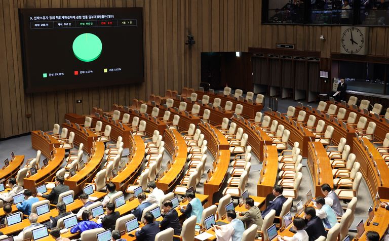 국민의힘 보이콧 속 범여권 의원들만 참석한 본회의 /연합뉴스
