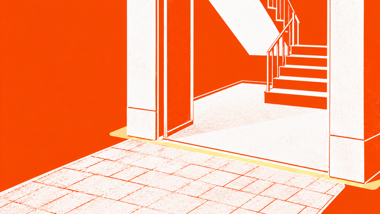 Create an original branded editorial thumbnail for Korean legal news, reinterpreting a realistic subject through bold graphic design. The main subject is an oversized open apartment entrance threshold with no door barrier and no boundary stone, tightly cropped so the paved ground blends directly into the open stairwell beyond, partially extending beyond the frame. Render in bold high-contrast rim outline with a single offset shadow, flat orange background #FF5E00, white #FFFFFF base graphic blocks, pale yellow #FCFFCF emphasis on the ground seam, 16:9 horizontal composition, strong editorial hierarchy, one dominant focal subject, clear headline space, serious composed mood, original Korean legal news visual identity. negative: readable text, numbers, logos, watermarks, personal data, identifiable faces, stock photo look, generic corporate illustration, courtroom clichés, sensationalism, graphic violence, clutter, competing focal points, weak subject separation, muddy colors, weak contrast, gradients, low resolution, dark alley, masked stalker, chasing scene, threatening figure