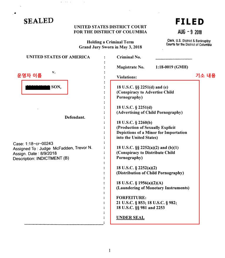 미국 법무부가 공개한 운영자 손씨에 대한 기소장. 이름과 9가지 혐의에 대한 기소 내용이 적혀있다. /미국 법무부
