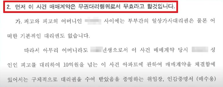 양팡이 주장하고 있는 '무권대리' 부분에 대한 내용증명. /유튜브 '기자왕 김기자' 채널 캡처