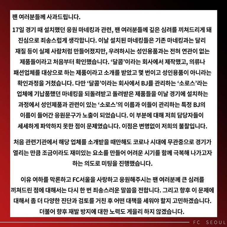 18일 올라온 FC서울이 올린 사과문에는 "성인용품과 전혀 연관 없는 제품이라고 확인했다"고 입장을 밝혔다. /FC서울 페이스북 캡처 