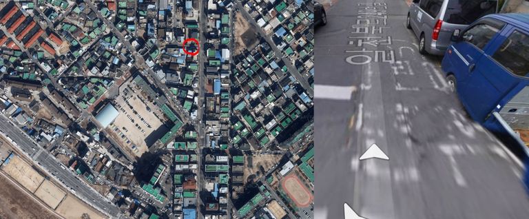 해당 사고가 난 지역의 위치(왼쪽 사진⋅빨간 원). 해당 지역의 도로에 어린이 보호구역이란 글씨가 흐릿하게 보인다. /네이버 지도